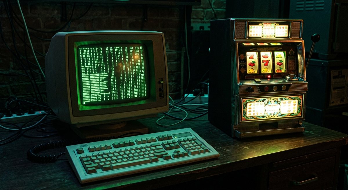 Terminal CRT layar hijau tua dengan keyboard mekanik dan gulungan slot menyala di sampingnya