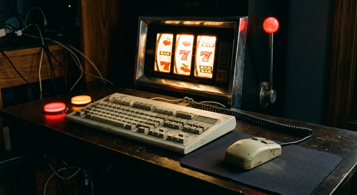 Tetikus komputer tua di meja gelap di samping keyboard mekanik dan tuas slot menyala di belakangnya